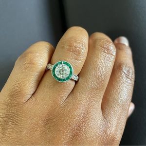 DovEggs Vintage Emerald Green accent Bezel Moissanite Sterling Silver Ring